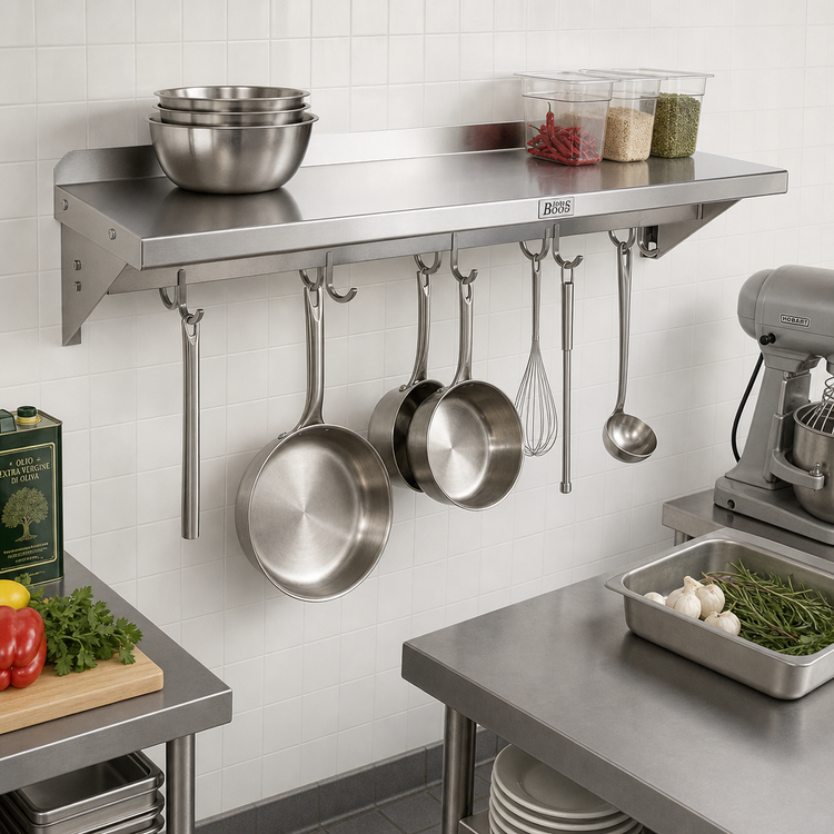 Product image #2 for John Boos Stallion Wall-Mount Shelf With Pot Rack, Stainless Steel, 24 x 18 x 13 Inches