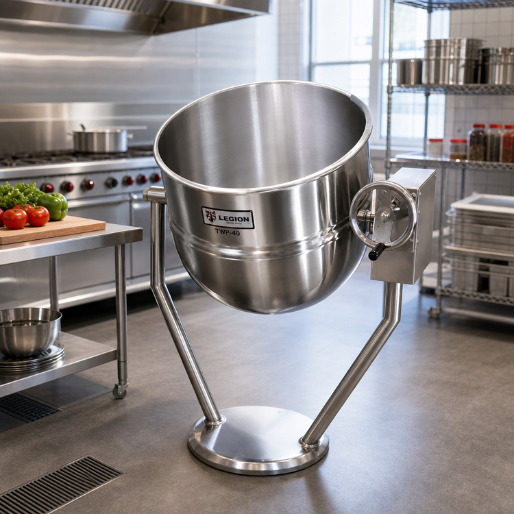 Product image #2 for Legion TWP-40 40-Gallon Direct Steam Tilting Kettle with Pedestal Base