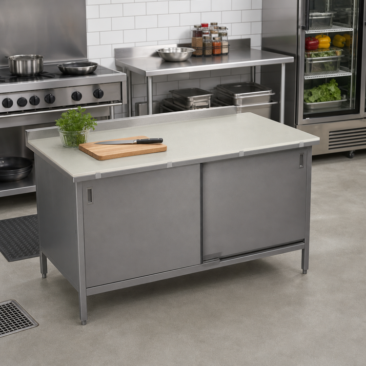 Product image #2 for John Boos Poly Top Work Table with Stainless Steel Cabinet Base and Sliding Doors, 36"W x 30"D