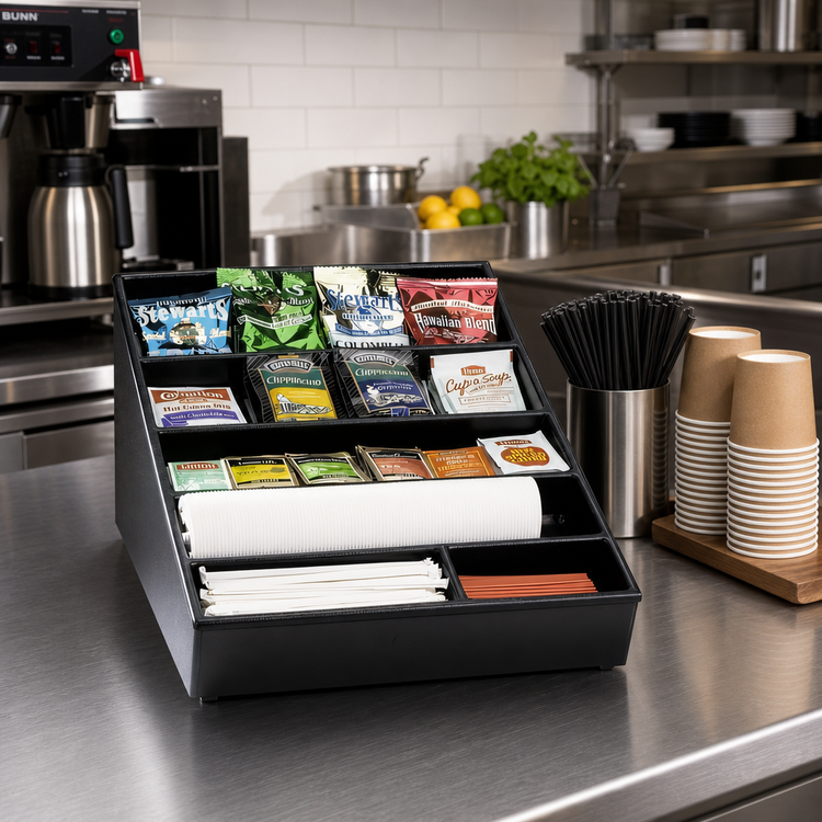 Product image #2 for Dispense-Rite WLS-1BT Wide Black Polystyrene Lid, Straw & Condiment Organizer with ABS Top