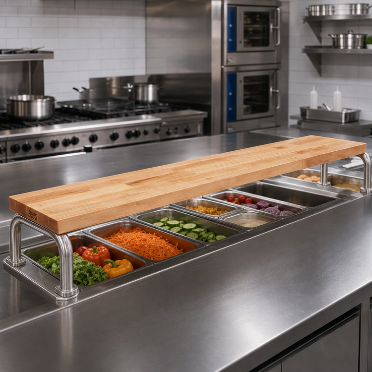 Product image #2 for John Boos 60 Inch x 12 Inch Steam Table Cutting Board with Adjustable Stainless Steel Supports