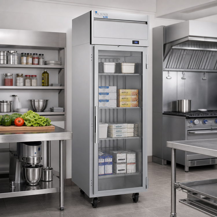 Product image #2 for Victory Elite V-Core 26-Inch Wide Reach-In Glass Door Freezer, 1-Section, Top-Mounted Self-Contained, 21.66 Cu. Ft.