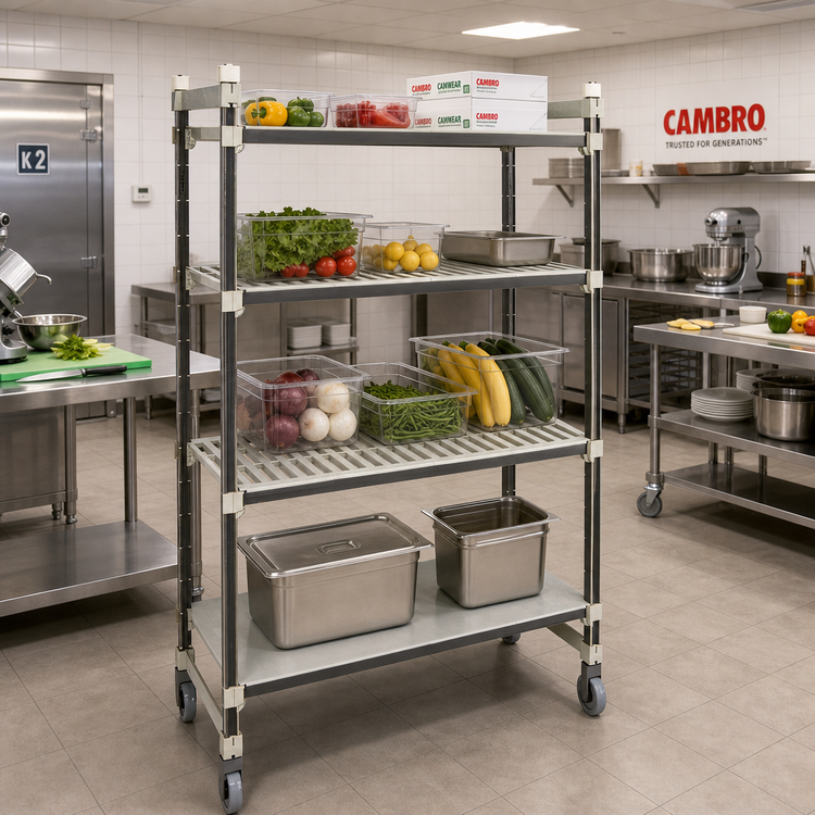 Product image #2 for Cambro Camshelving Elements XTRA High Density Top Rail 4-Tier Mobile Starter Unit, 21 x 42 x 80 Inches, 3 Vented + 1 Solid Shelves