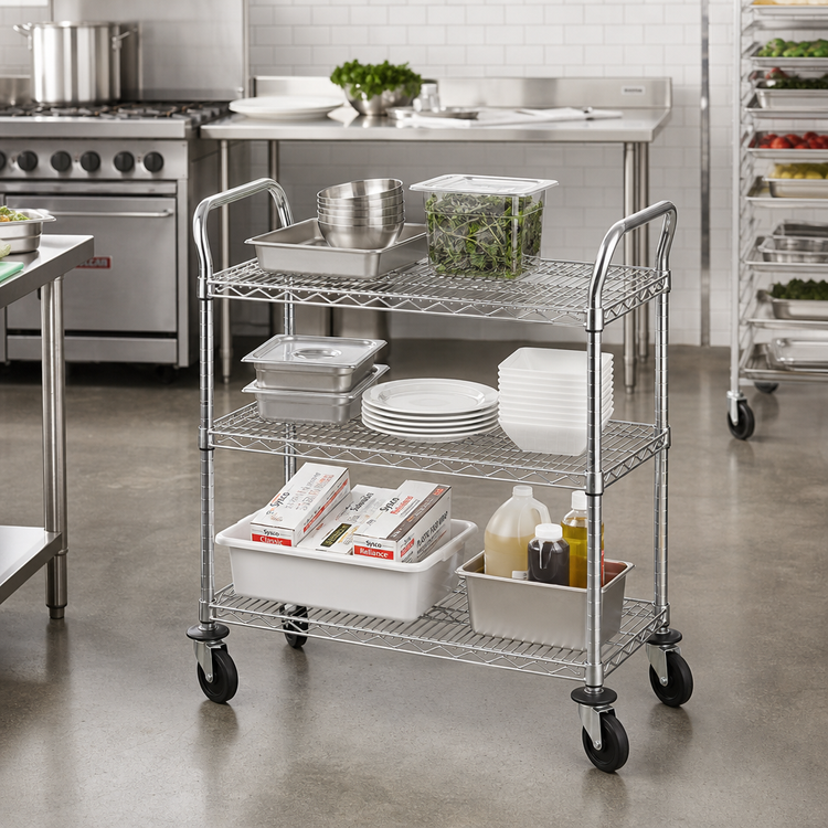 Product image #2 for Metro Super Erecta Standard Duty 3-Shelf Utility Bus Cart, 24 x 18 Inch, Chrome Plated Steel