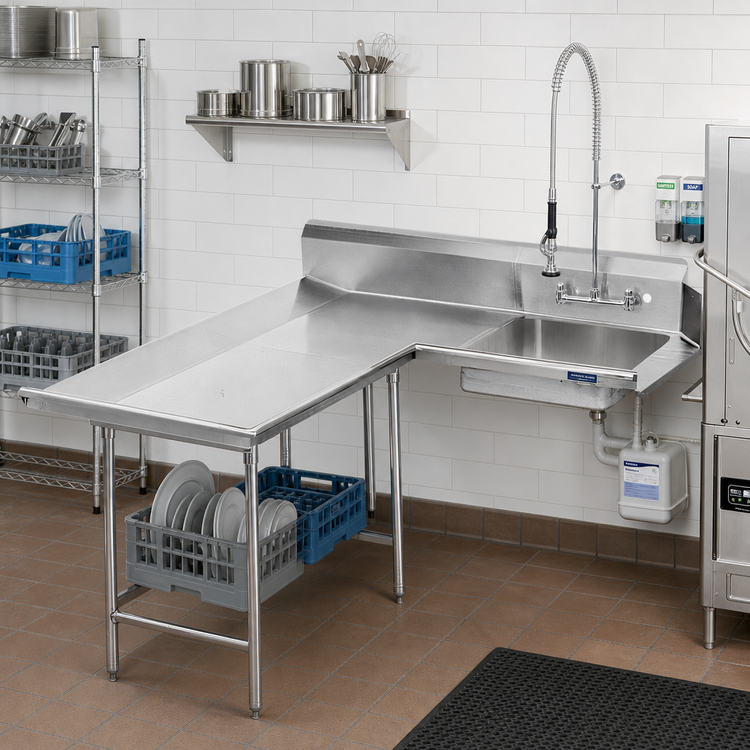 Product image #2 for Advance Tabco L-Shaped Left-Hand Dish Landing Soil Dishtable with Pre-Rinse Sink, 71 Inch, 304 Stainless Steel