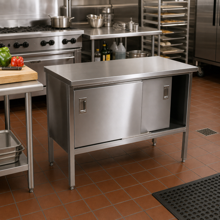 Product image #2 for John Boos Stainless Steel Enclosed Work Table with Sliding Doors, 36 x 30 Inches, 14 Gauge Top