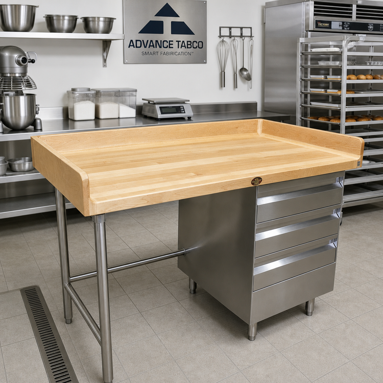 Product image #2 for Advance Tabco Bakers' Table with 1-3/4 Inch Wood Top, 4 Inch Rear and Side Splash, and 3-Tier Right Drawers