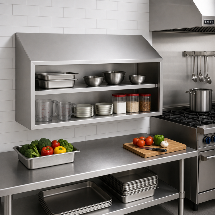 Product image #2 for Eagle Group 72-Inch Wall-Mounted Open Front Stainless Steel Wall Cabinet with Sloped Top and Fixed Shelf