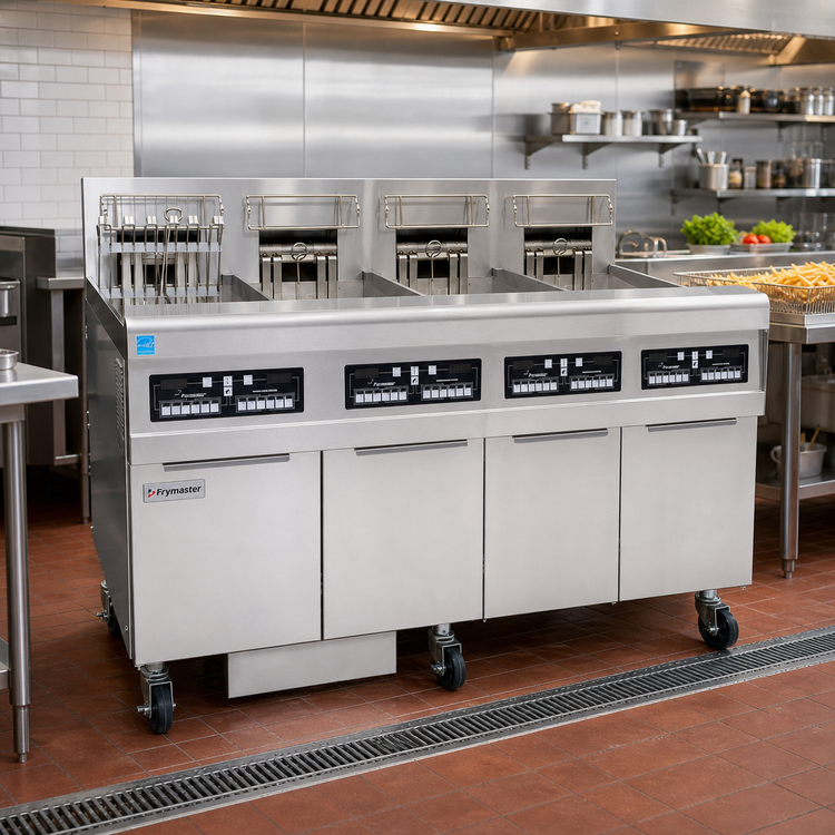 Product image #2 for Frymaster RE High Efficiency Electric Fryer Battery with Built-In Filtration, Four 50-lb. Open Frypots