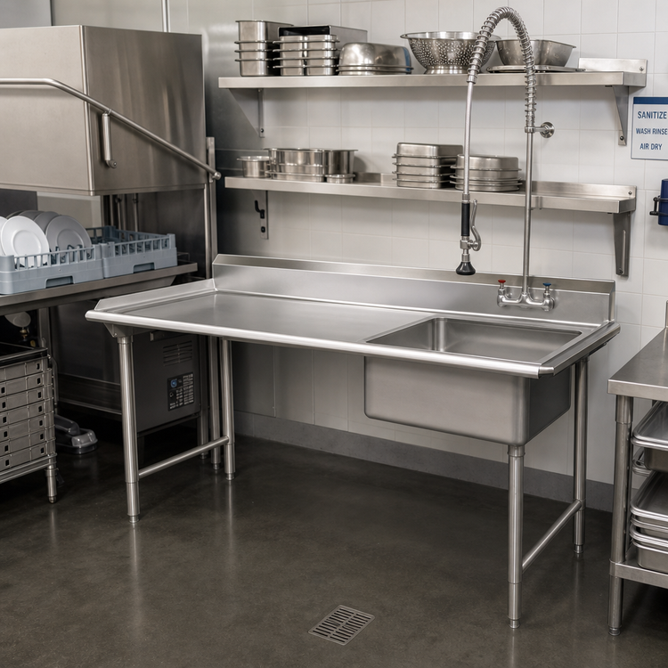 Product image #2 for 48 x 28 Inch Undercounter Stainless Steel Dish Table with Left Drainboard and Right Pre-Rinse Sink