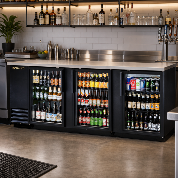 Product image #2 for True TBB-4G-HC-LD Three-Section Back Bar Cooler with 3 Locking Glass Doors and Left-Mounted Condensing Unit