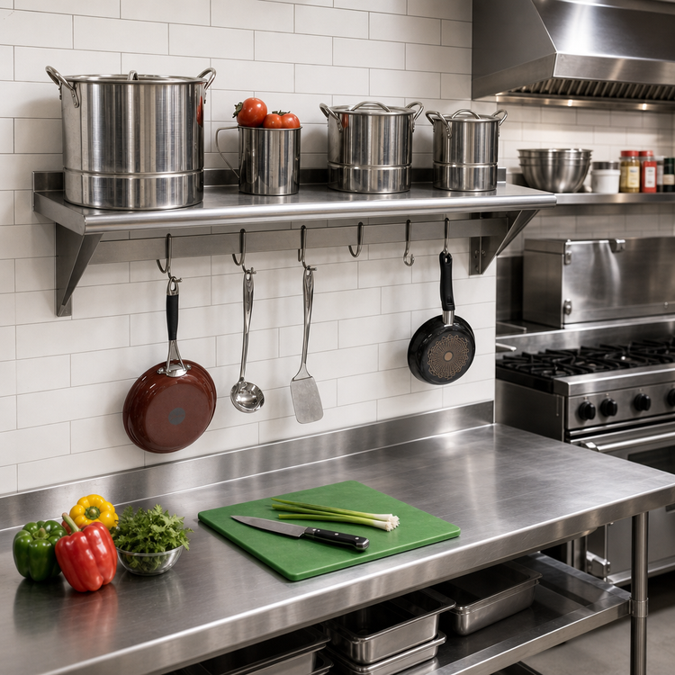 Product image #2 for Advance Tabco Wall-Mounted Stainless Steel Shelf with Pot Rack, 84 x 18 Inches