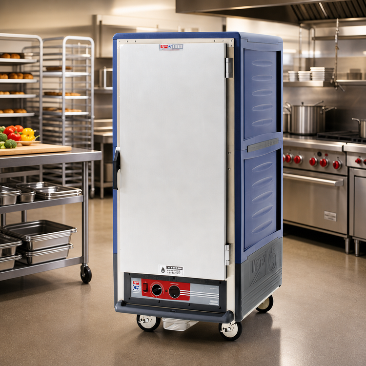 Product image #2 for Metro C5 3 Series Mobile 3/4 Height Heated Holding Cabinet, Low Wattage, Blue Insulation Armour, Full-Length Solid Door, Fixed Wire Slides