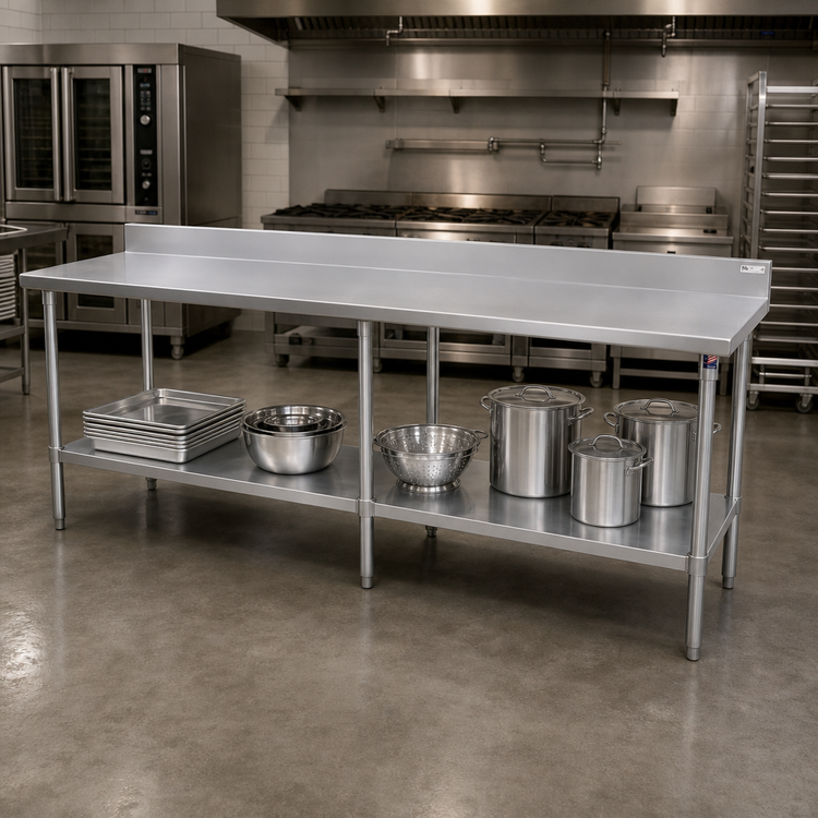 Product image #2 for John Boos Stallion 120-Inch W x 30-Inch D Stainless Steel Work Table with 5-Inch Backsplash and Galvanized Undershelf