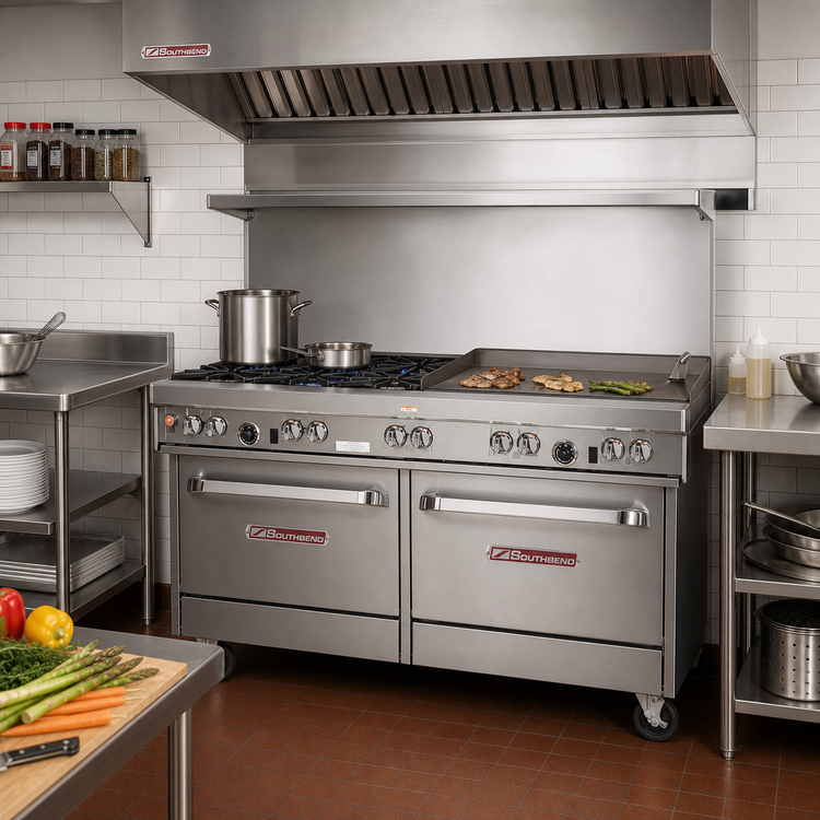 Product image #2 for Southbend Ultimate 60-Inch Commercial Gas Restaurant Range with 4 Open Burners, 36-Inch Griddle and 2 Cabinet Base