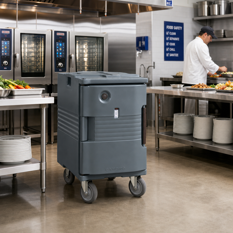 Product image #3 for Cambro Ultra Pan Carrier Heated Front-Loading Insulated Food Pan Carrier with Casters, 110V, Granite Gray