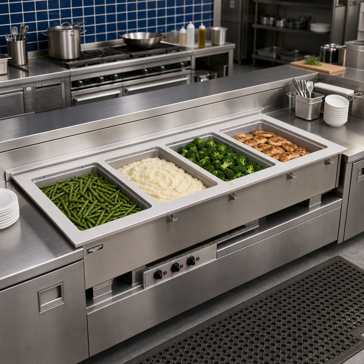 Product image #2 for Vollrath 4-Pan Short-Side Marine-Grade Drop-In Hot Well with Thermostatic Controls and Manifold Drain