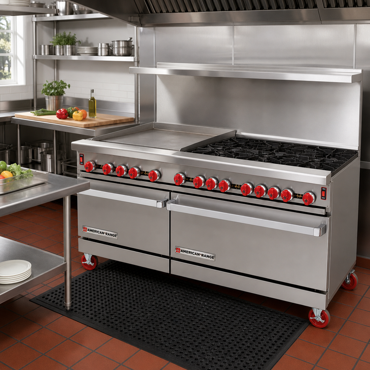 Product image #2 for American Range ARGF-36G-2B 48-Inch Green Flame Commercial Gas Range with Left 36-Inch Griddle, 2 Open Burners, and 2 Space Saver Ovens