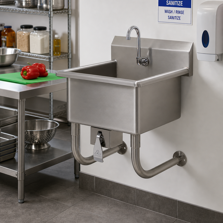 Product image #2 for Advance Tabco Wall-Mounted One-Station 14-Gauge 304 Stainless Steel Service Sink with Knee Valve and 8-Inch Deep Bowl