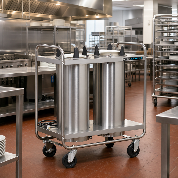 Product image #2 for Dinex Heated Mobile Plate Dispenser with Open Tubular Frame and Two Self-Elevating Tubes