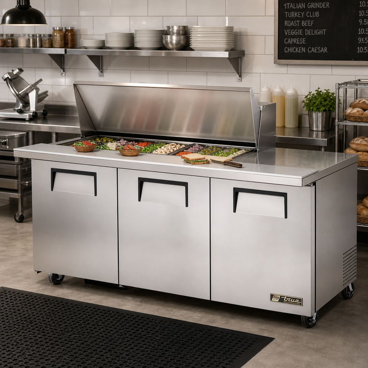 Product image #2 for True Mega-Top 72-Inch 3-Door Solid-Door Sandwich/Salad Prep Table with 12-Pan Top