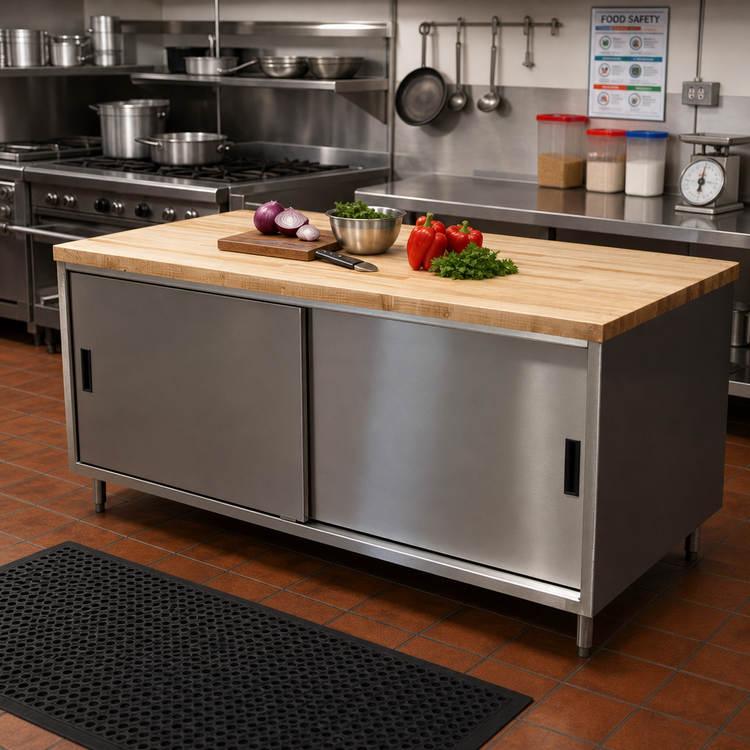 Product image #2 for BK Resources 72-Inch x 30-Inch Hard Maple Wood Top Chef Table with Cabinet Base and Sliding Doors