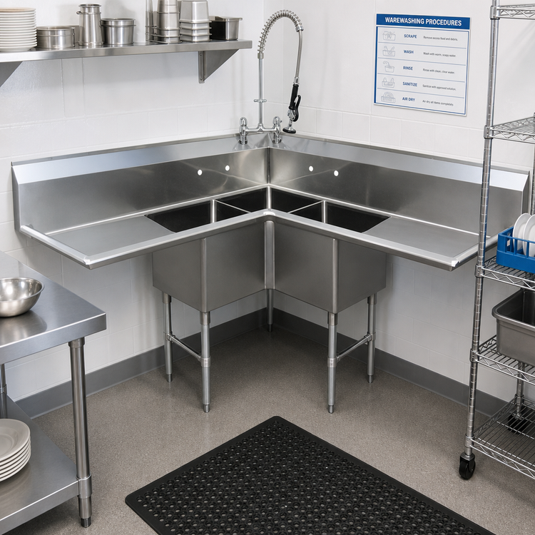 Product image #2 for Corner 3-Compartment Pot Sink with Dual Drainboards and 18 x 18 x 14-Inch Bowls