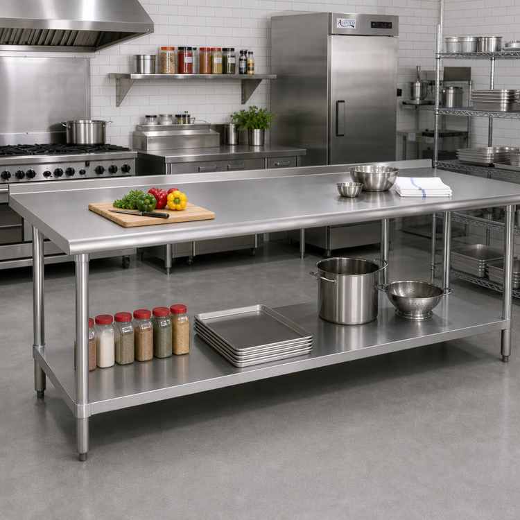 Product image #2 for Advance Tabco 144"W x 36"D 16-Gauge 430 Stainless Steel Work Table with 1-1/2" Rear Upturn and Undershelf