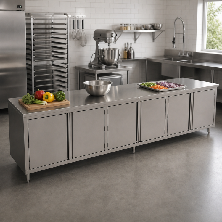 Product image #2 for John Boos Enclosed Stainless Steel Work Table with Cabinet Base, Safety Edge, 144" x 24", 3 Hinged Door Sets