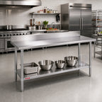 Thumbnail image #2 for Duke Manufacturing 316S-36108-5R Stainless Steel Cocktail Station Work Table, 108 x 36 Inches, 16-Gauge Top, 5-Inch Riser, Undershelf