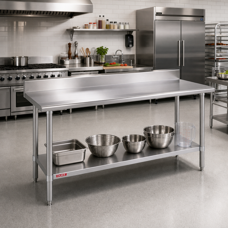 Product image #2 for Duke Deluxe Stainless Steel Work Table with 5-Inch Riser and Stainless Undershelf, 108 x 36 Inches