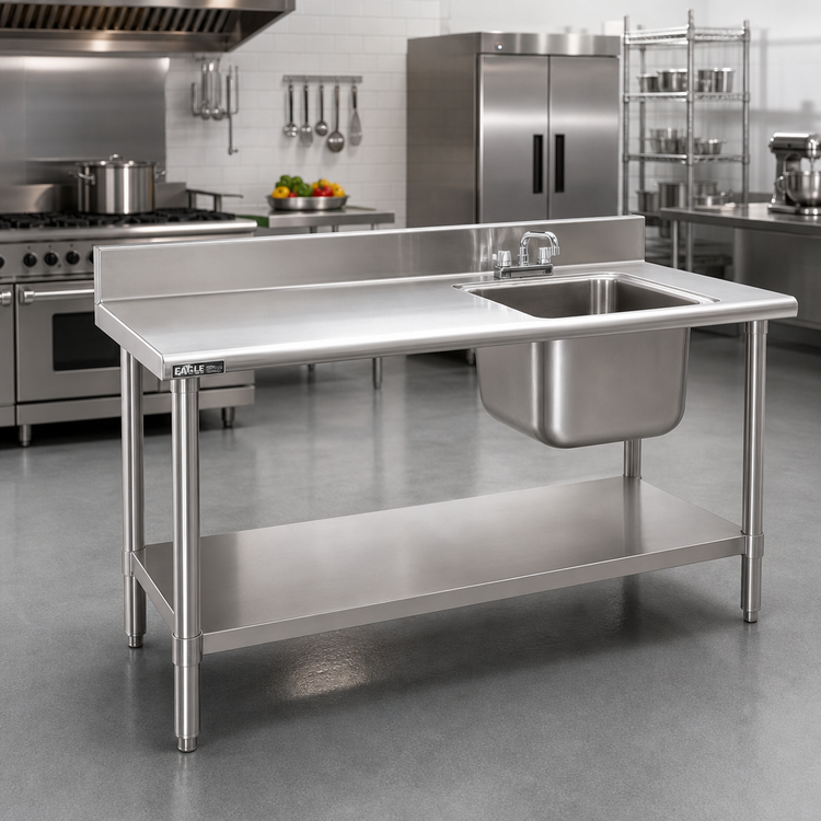 Product image #2 for Eagle Group Deluxe 60-Inch x 30-Inch 16-Gauge Stainless Steel Sink Work Table with Right-Side Bowl, Backsplash, and Adjustable Undershelf