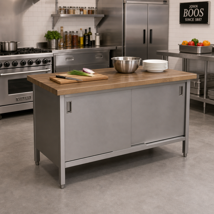 Product image #2 for John Boos 48-Inch x 24-Inch Wood Top Work Table with Sliding Doors and Stainless Steel Cabinet Base