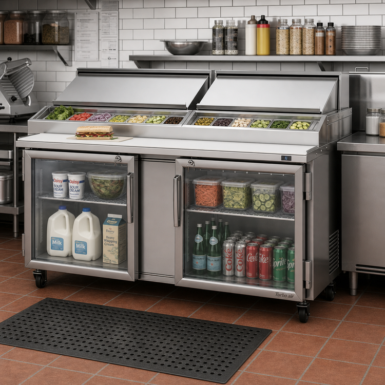 Product image #2 for Turbo Air PRO 72-Inch 2-Section Refrigerated Sandwich/Salad Prep Table with 18-Pan Top and Glass Doors