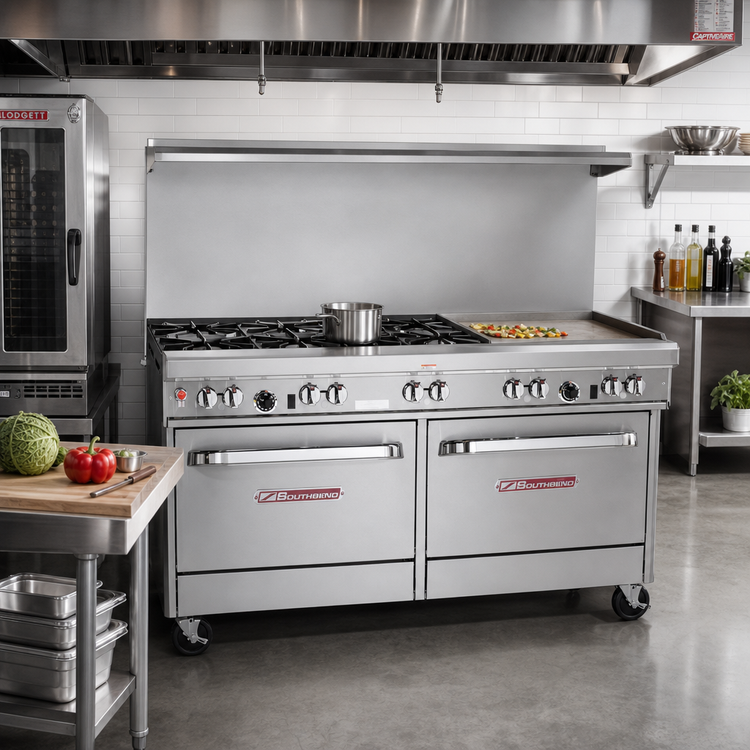 Product image #2 for Southbend Ultimate 60-Inch Gas Restaurant Range with 4 Pyromax Burners, 24-Inch Griddle, Standard Oven and Cabinet Base