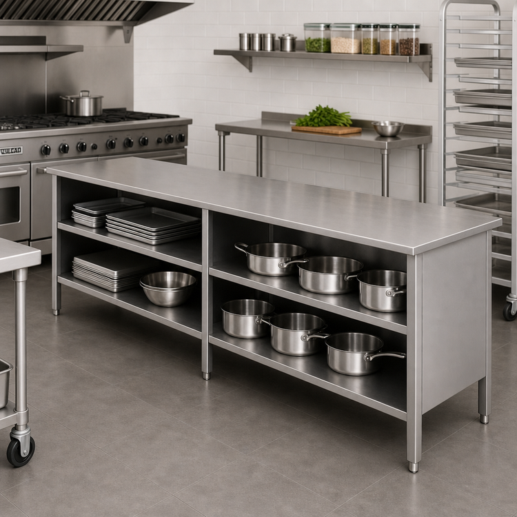 Product image #2 for John Boos Stainless Steel Work Table with Open Front Cabinet Base and Undershelf, 144 x 30 Inches