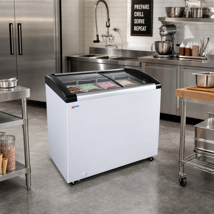 Product image #2 for Omcan 6.7 Cu. Ft. Ice Cream Display Chest Freezer with Curved Sliding Glass Doors