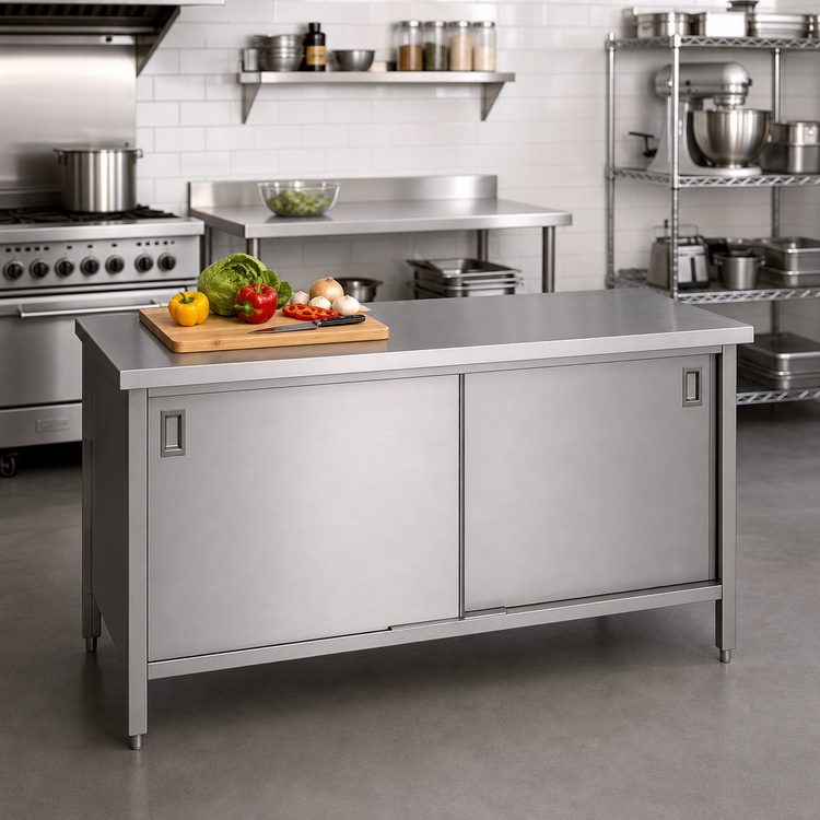 Product image #2 for John Boos 60 Inch x 24 Inch 300 Series Stainless Steel Enclosed Work Table with Cabinet Base and Sliding Doors