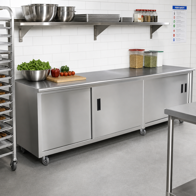 Product image #2 for Advance Tabco 108"W x 24"D Enclosed Work Table with Cabinet Base, Mid-Shelf, Hinged Doors and 14 Gauge 304 Stainless Steel Top