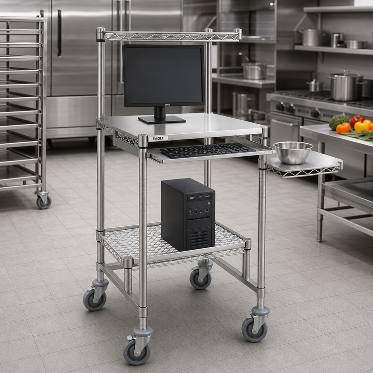Product image #2 for Eagle Group 24 x 24 Inch Stainless Steel Mobile Computer Workstation with Keyboard Drawer and Polyurethane-Tread Casters