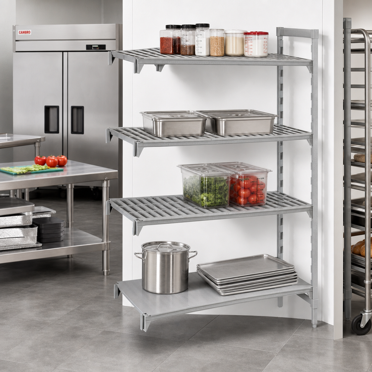 Product image #3 for Cambro Camshelving Premium 4-Tier Add-On Polymer Shelving Unit, 21 x 30 x 84 Inches, 3 Vented and 1 Solid Shelf, Speckled Gray
