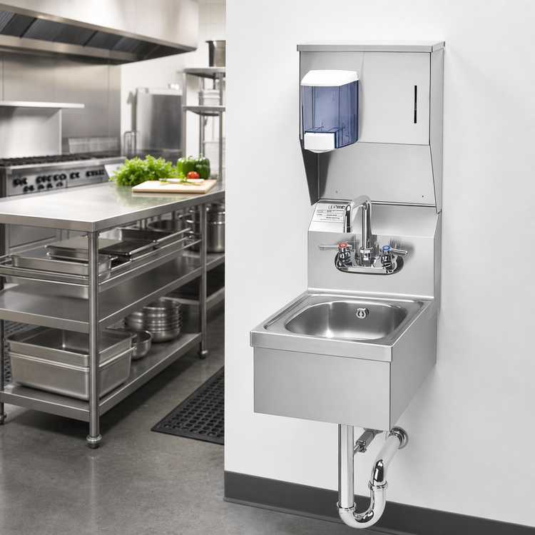 Product image #2 for Krowne Space Saver Wall-Mount Hand Sink with Faucet, Soap & Towel Dispenser, and Stainless Steel Skirt