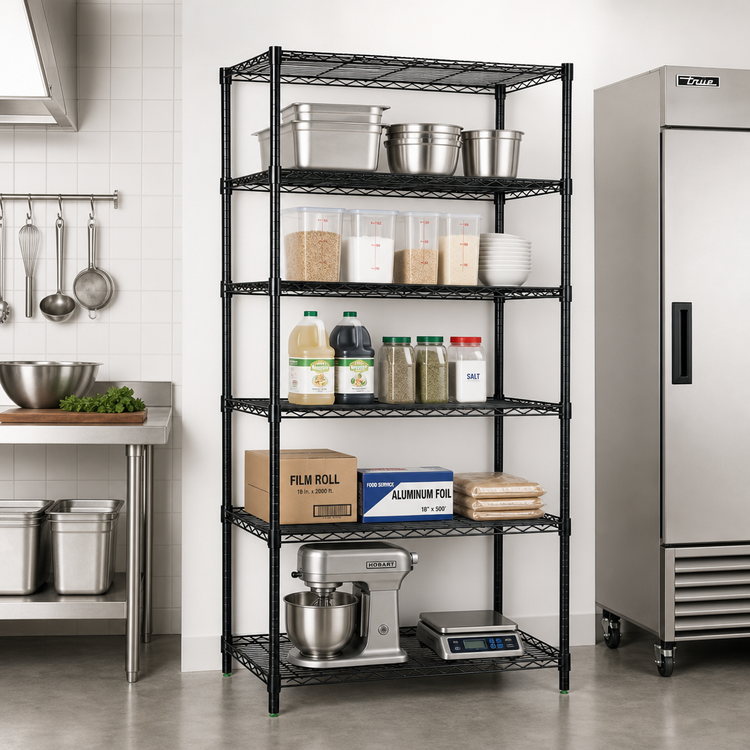 Product image #2 for Quantum Stationary Wire Shelving Starter Kit, 72 Inches W x 12 Inches D x 86 Inches H, Black Epoxy Antimicrobial Finish