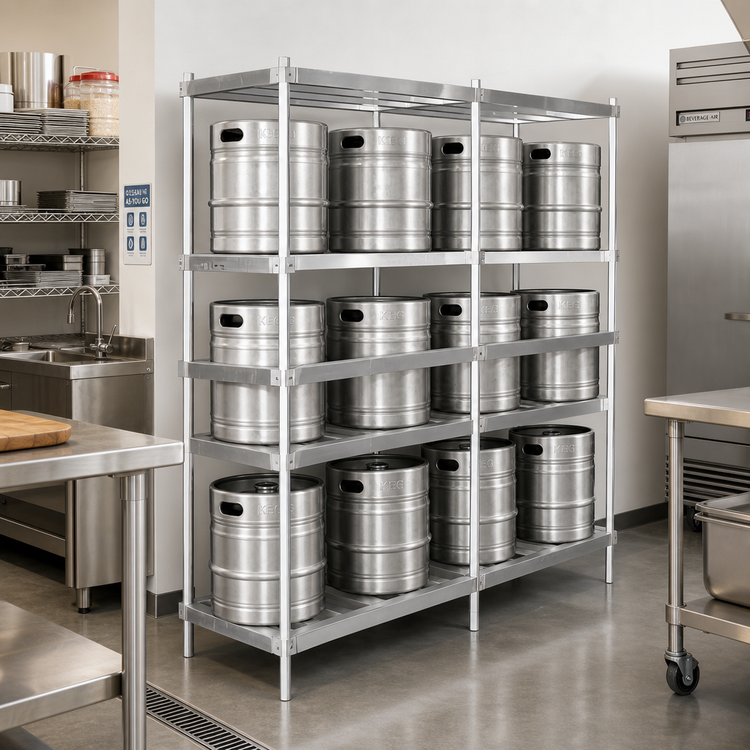 Product image #2 for John Boos 93-Inch Wide Aluminum Keg Rack with 3 Shelves and 10 Keg Capacity