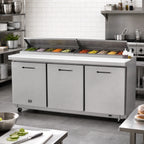 Thumbnail image #2 for Kelvinator Commercial KCHST70.18 Three-Section Refrigerated Sandwich/Salad Prep Table, 18 1/6 GN Pan, 3 Solid Doors, Stainless Steel