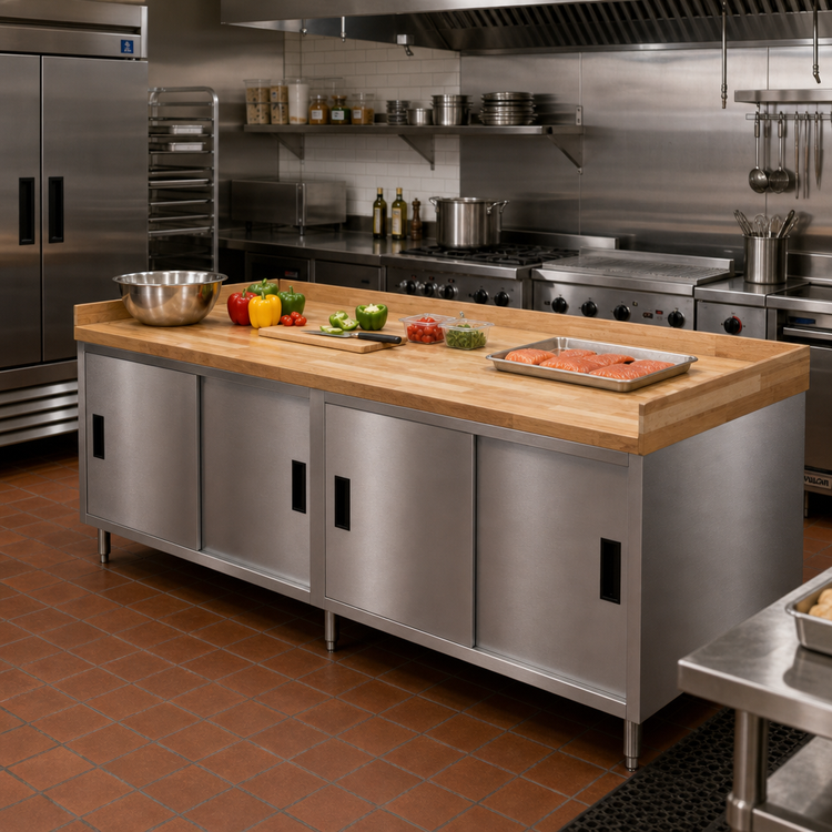 Product image #2 for BK Resources Chef Table with Hard Maple Bakers Top and Sliding-Door Stainless Steel Cabinet Base, 96 W x 36 D x 39 H