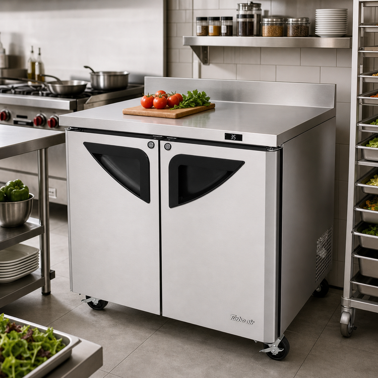Product image #2 for Turbo Air Super Deluxe 36-Inch Two-Section Worktop Refrigerator with Self-Cleaning Condenser, 9.0 Cu. Ft., Stainless Steel, 115V