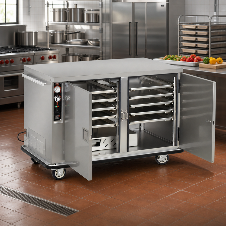 Product image #2 for FWE Mobile Insulated Two-Door Heated Holding Cabinet with Humi-Temp System and Universal Tray Slides