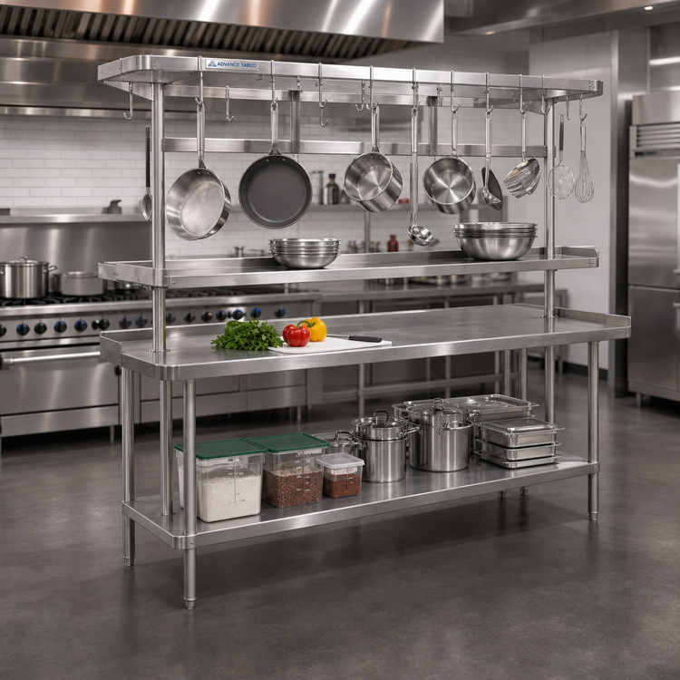 Product image #2 for Advance Tabco 144-Inch Table-Mounted Circular Stainless Steel Pot Rack with 18 Hooks and Utensil Rack