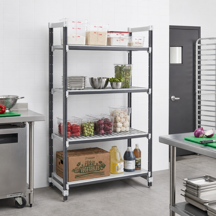 Product image #2 for Cambro Camshelving Elements XTRA Stationary Starter Unit, 18W x 60L x 64H, 4-Shelf Vented and Solid Polymer Shelving Unit, Speckled Gray